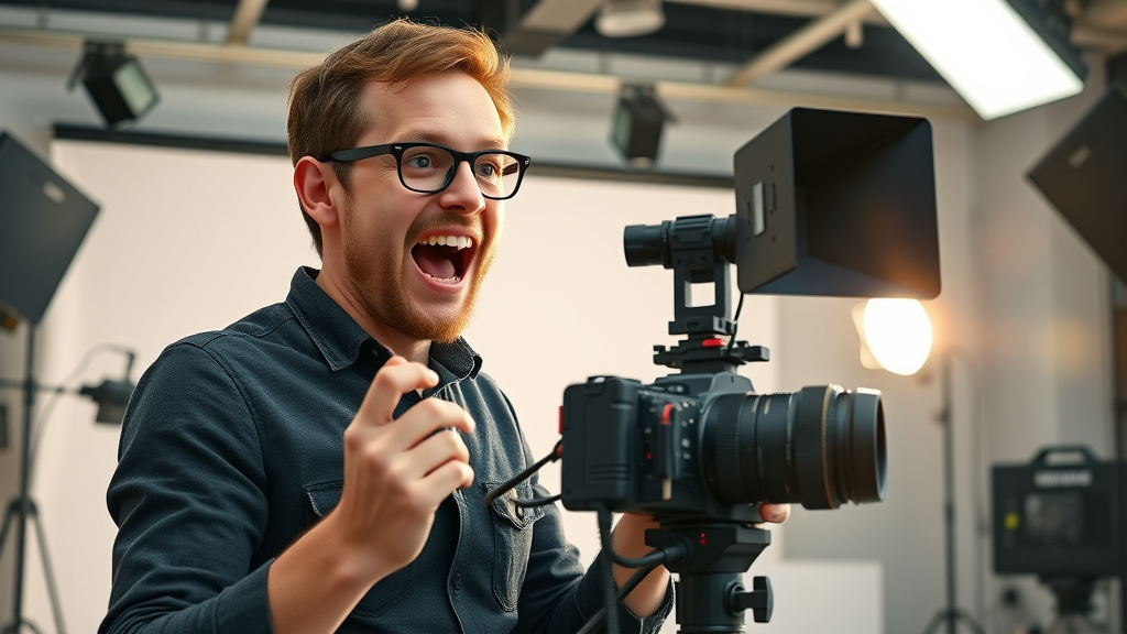 creative video marketer preparing for a content marketing video shoot in a professional studio, setting up camera and lighting