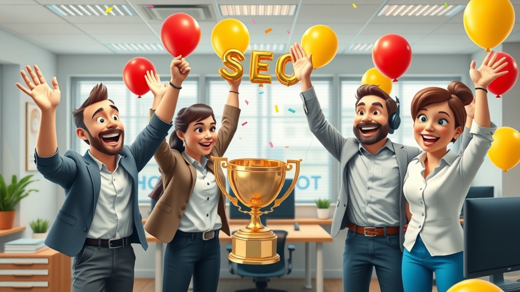 SEO for small businesses triumphant team celebrating SEO success confetti SEO award trophy