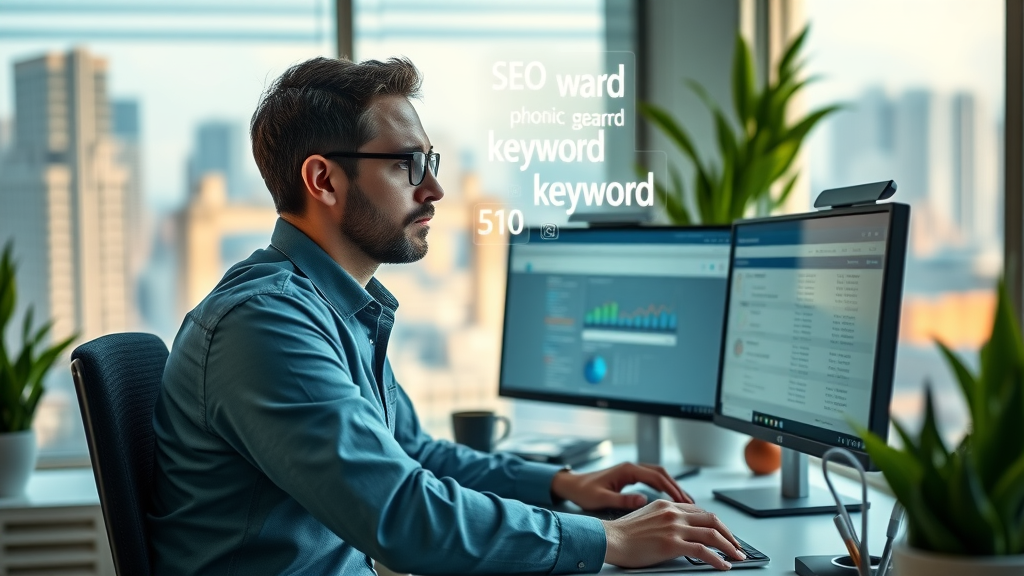 SEO analyst conducting local keyword research, dual monitors, high value keywords