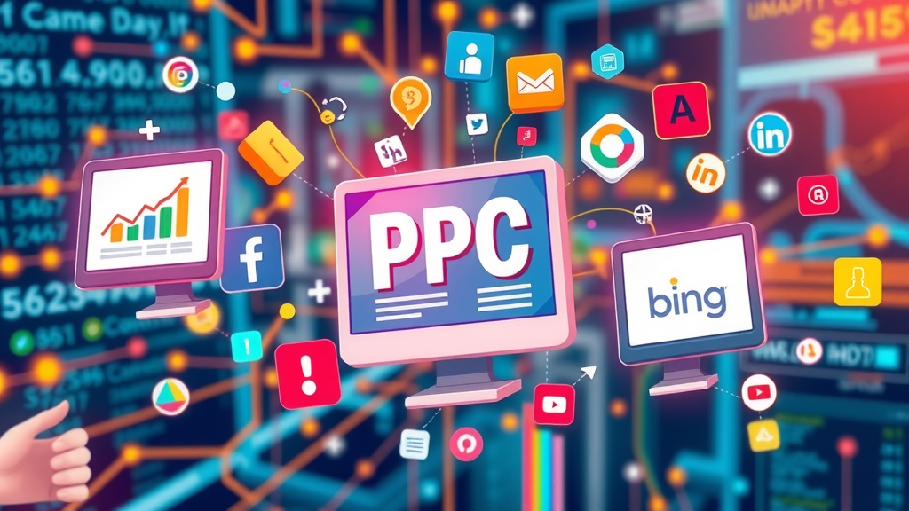 Illustration of Google, Facebook, Bing, and LinkedIn PPC advertising platforms interconnected for maximum digital marketing reach.