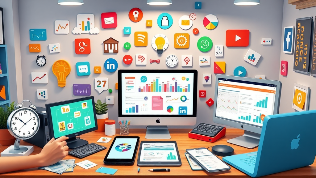 colorful toolkit of digital marketing tools showing devices, apps, brainstorm, and dashboards