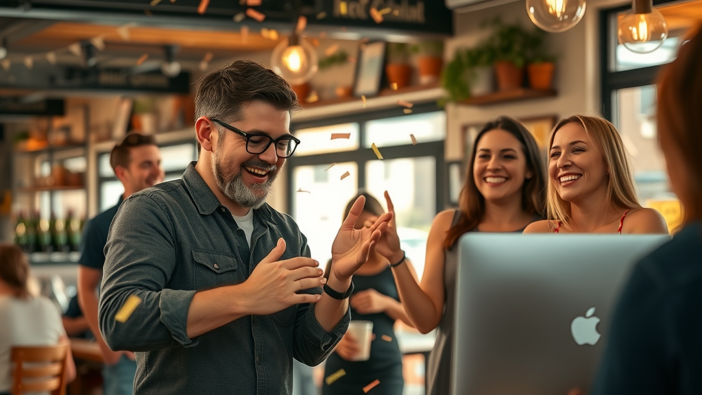 local raleigh café owner celebrating sales success with team, digital marketing raleigh, happy staff, sales data on laptop