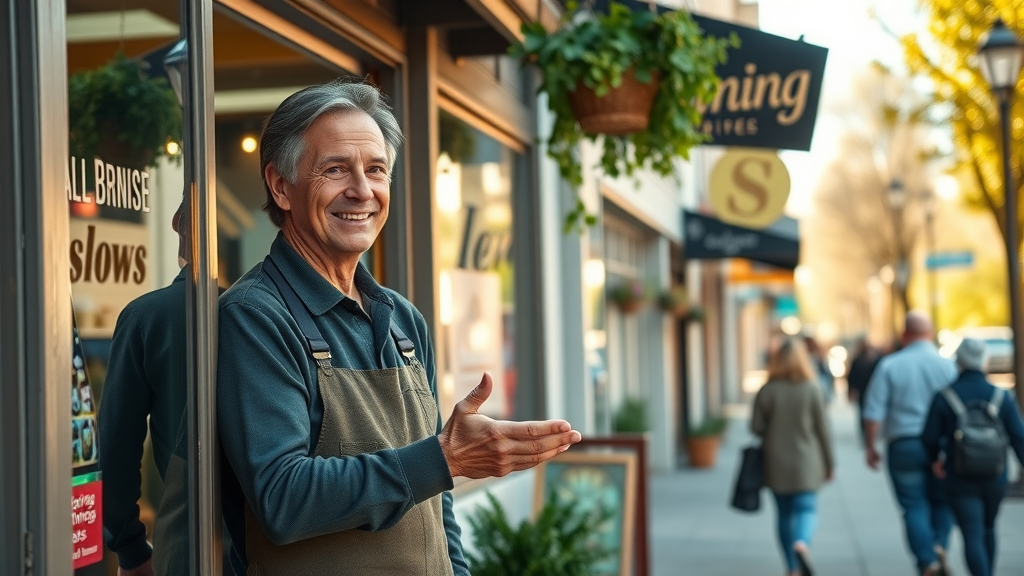 SEO for small businesses inspiring storefront owner smiling welcoming customers local main street sunlit