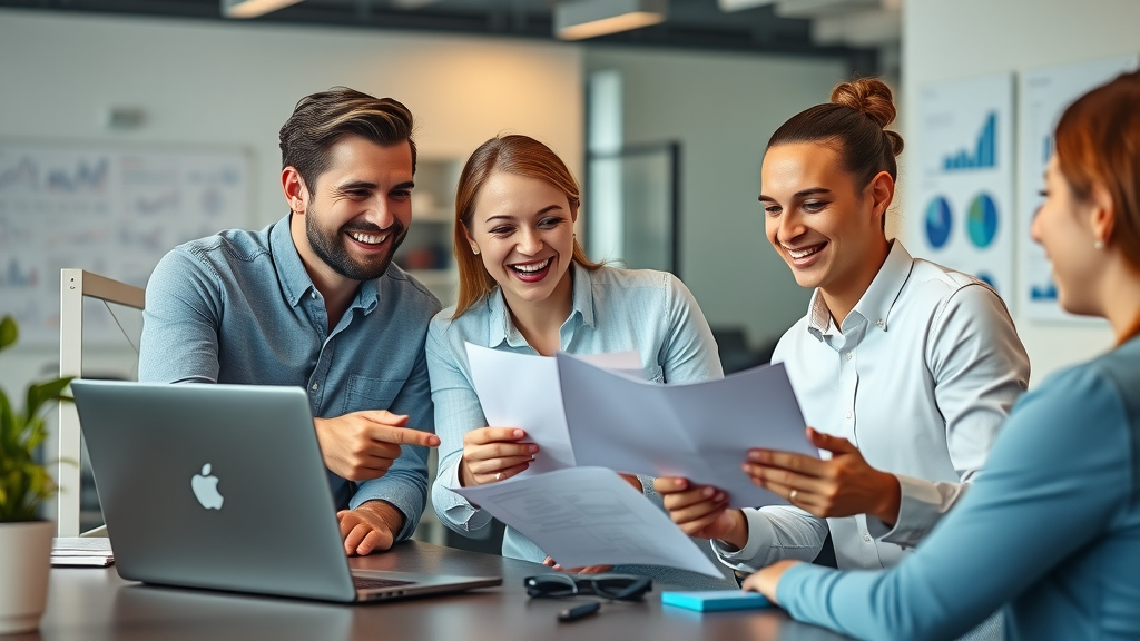 dynamic professionals collaborating on content marketing tips in a modern office, digital workspace with marketing charts and laptops