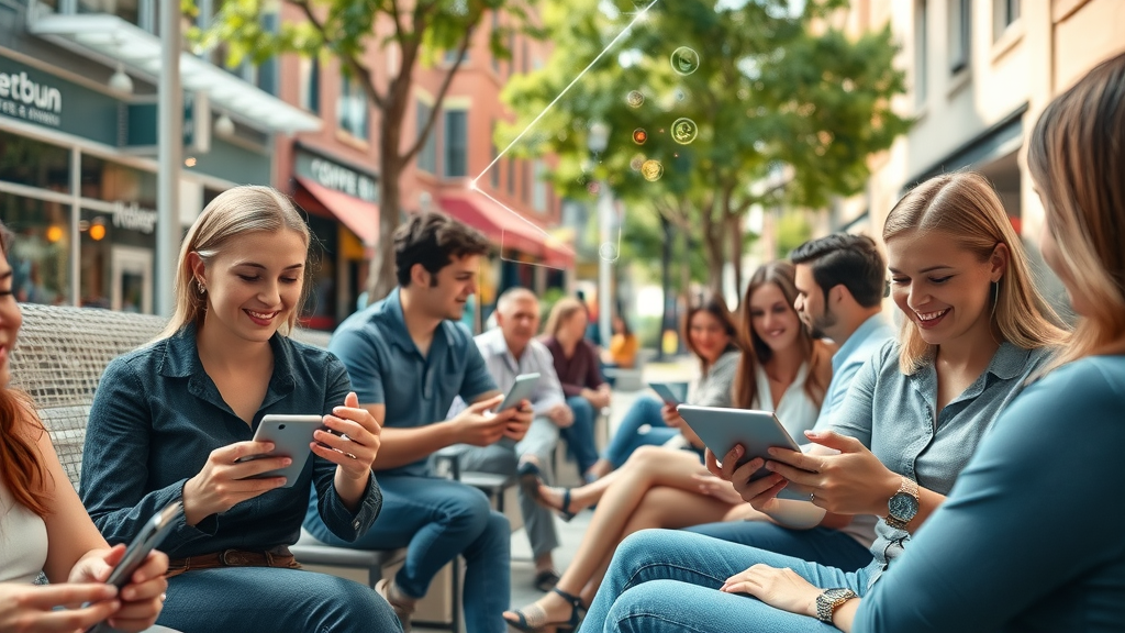 digital marketing Raleigh vibrant downtown cityscape, people with smartphones, digital icons, local shops, coffee shops, urban business district