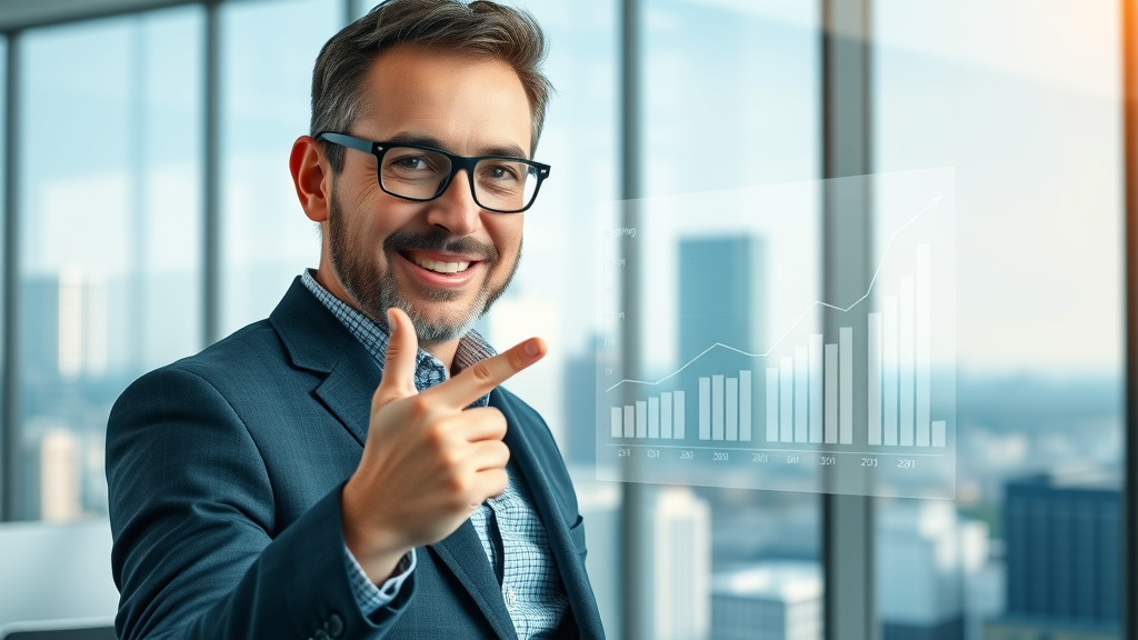 Dynamic business owner in Raleigh pointing at a growing website analytics chart, showcasing SEO Services Raleigh and digital market growth, with North Carolina city office background and technology.
