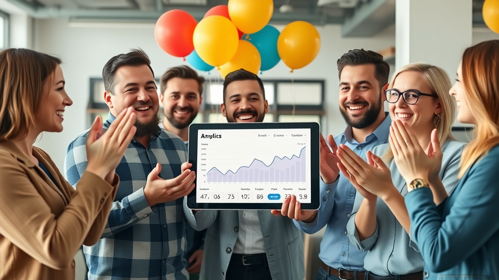 happy local business team celebrating SEO success, local ranking analytics