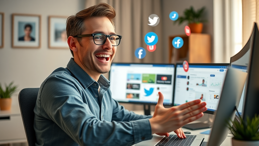 energetic marketing professional scheduling social media posts on multiple platforms with icons and open dashboards