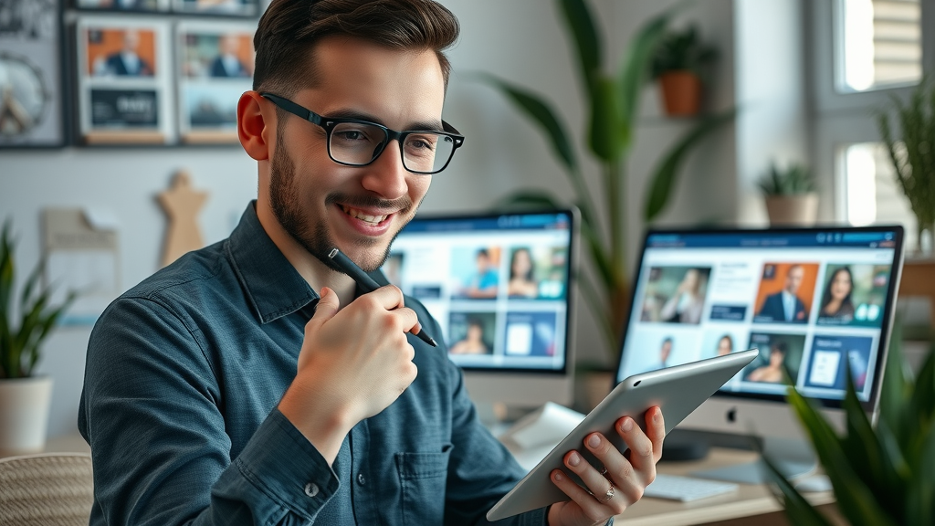 cutting-edge website design raleigh digital marketing devices, designer with stylus, detailed screens, modern workspace