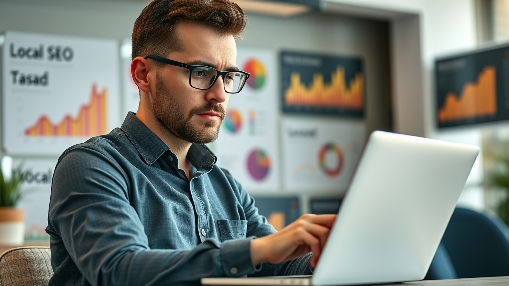 motivated business owner reviewing local SEO insights, colorful data charts, local ranking optimization