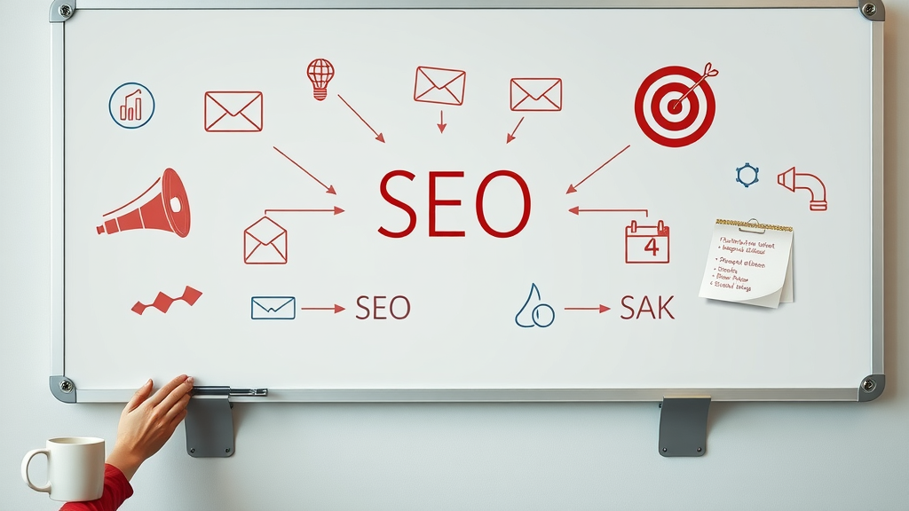 Digital Marketing for Small Business - Infographic icons including SEO, email, megaphone, bullseye and calendar representing key strategies
