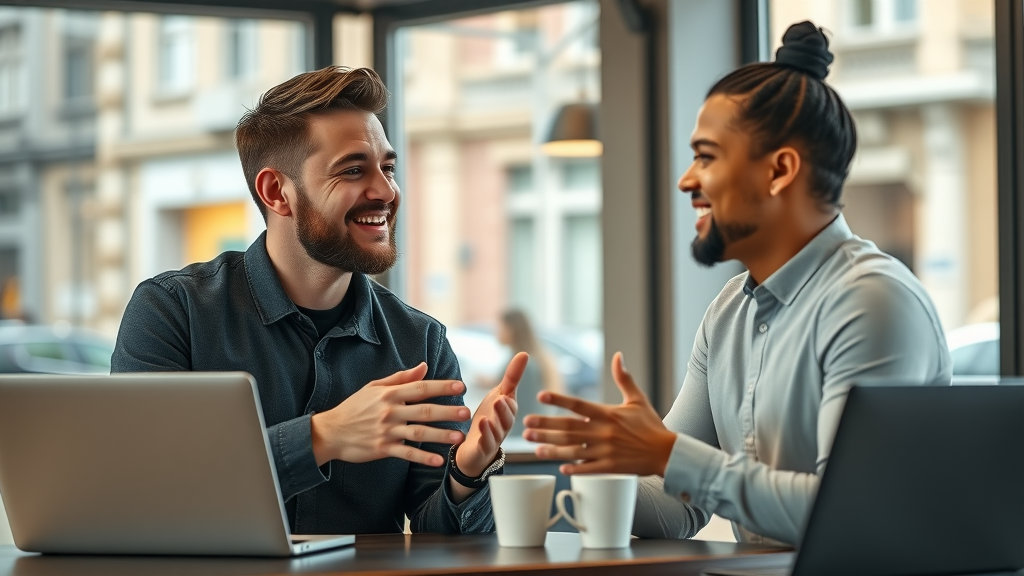 charismatic influencer collaborating with business owner on social media marketing campaign in urban cafe