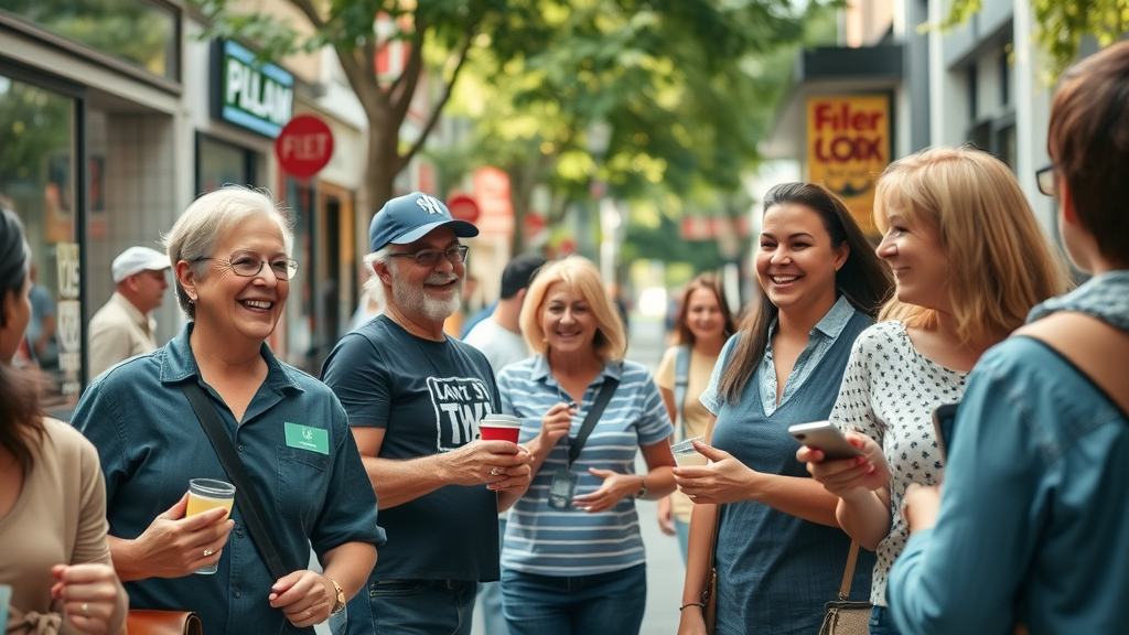 vibrant local main street, business owners and engaging customers, local SEO techniques cityscape