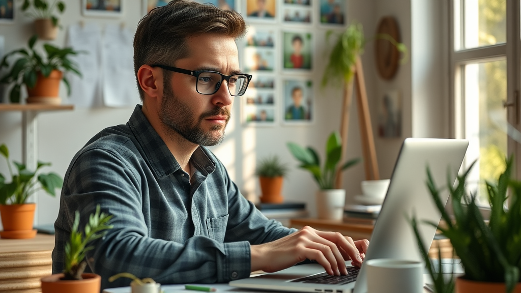 skilled content creator developing online marketing strategies in a cozy, creative workspace