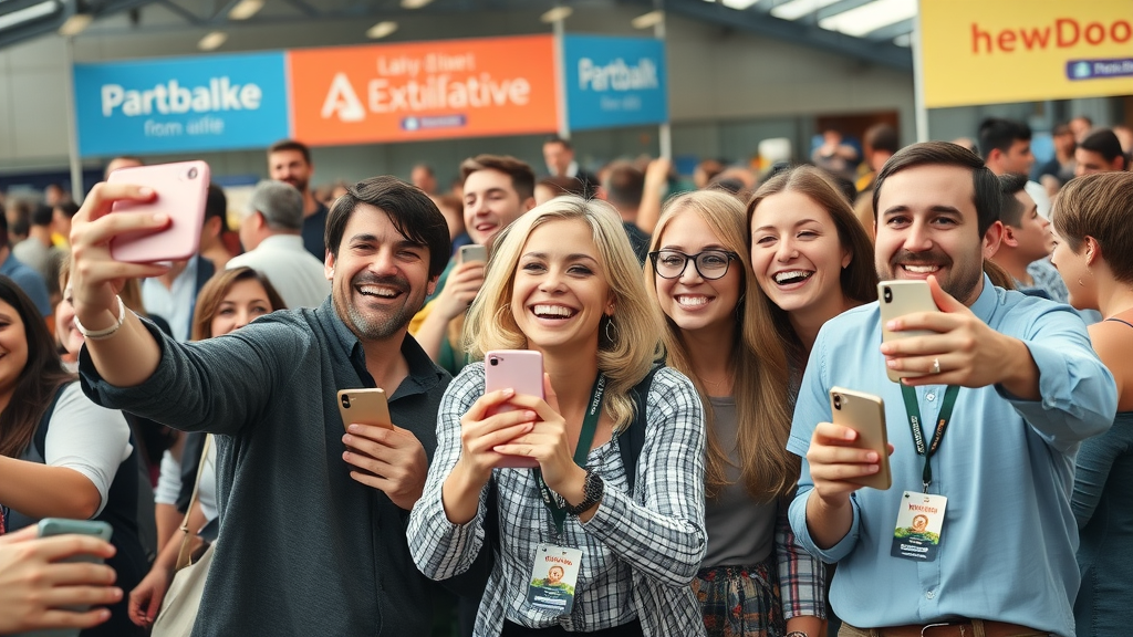 enthusiastic customers posting photos and testimonials with branded products at outdoor event