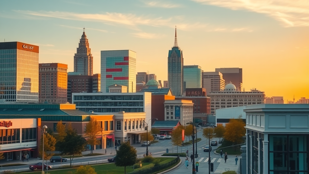 Email marketing Raleigh: vibrant downtown Raleigh skyline bustling with small businesses, modern architecture, golden hour