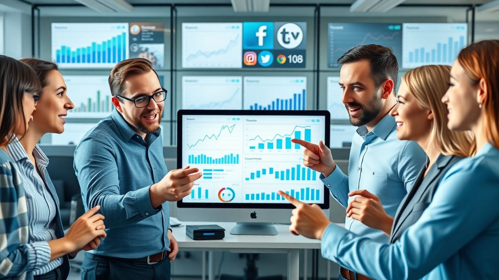 business team analyzing social media marketing statistics on charts, office with monitors and social platform logos, blue and white tones