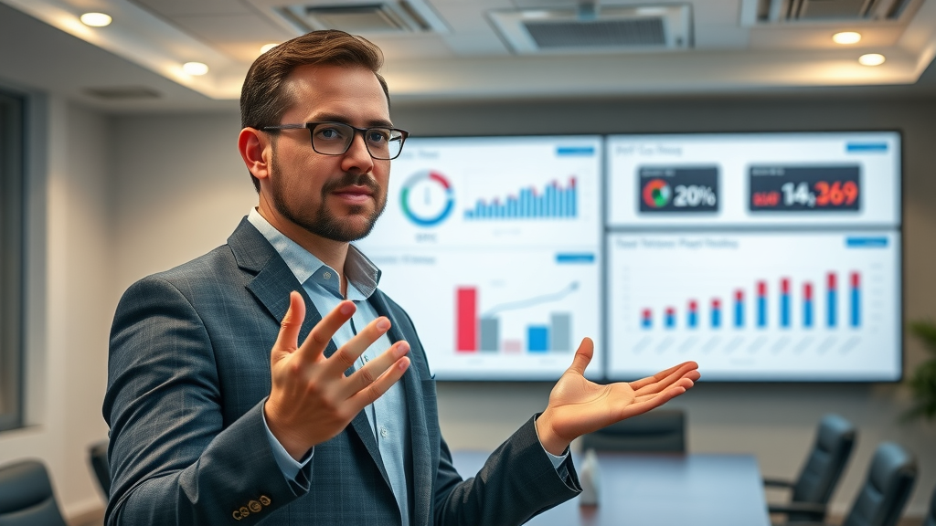 Professional marketer presenting PPC performance charts and graphs in a Raleigh conference room with digital display.
