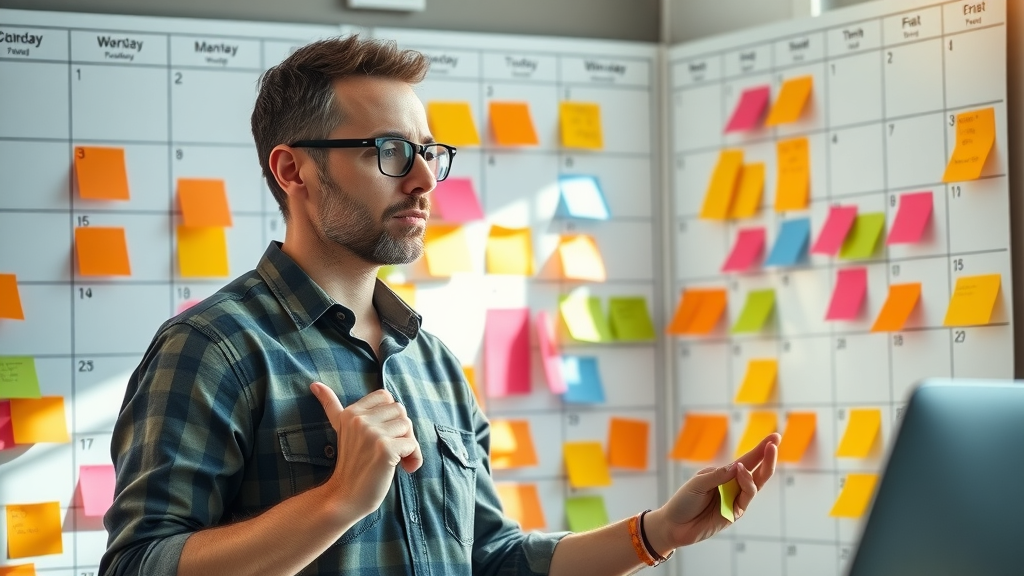 content manager planning an organized content marketing calendar with colorful sticky notes in a creative office