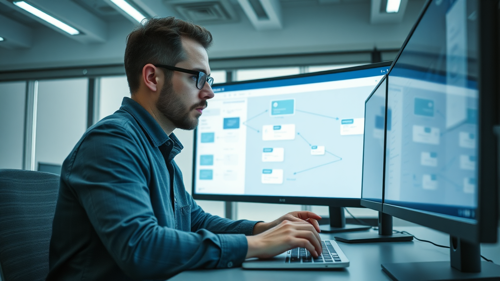 digital marketer creating automated email campaigns using email marketing tool with screen showing workflow diagram
