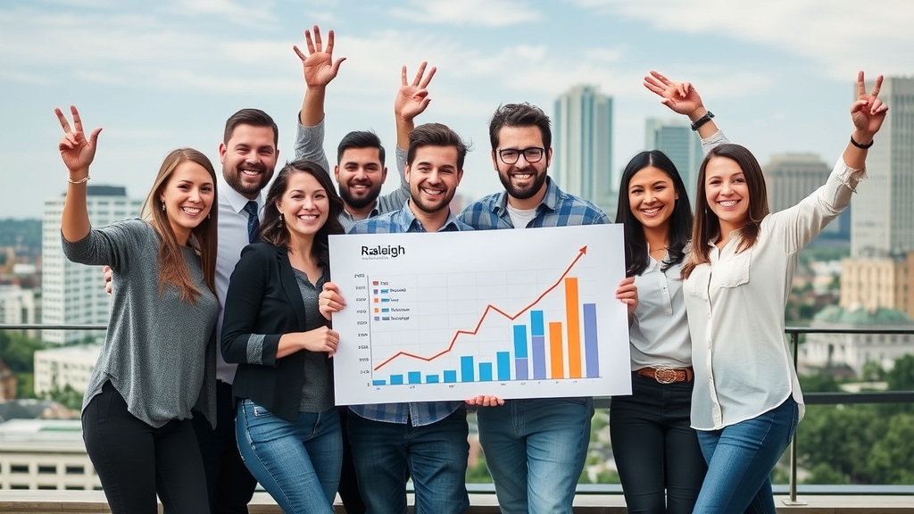 Happy Raleigh local business team celebrating explosive business growth achieved through strategic SEO services, with growth charts and Raleigh landmarks in the background.
