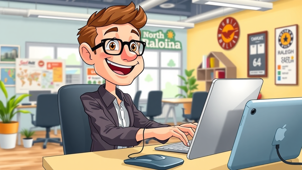 Raleigh NC social media manager planning marketing services for small business clients in vibrant local startup office
