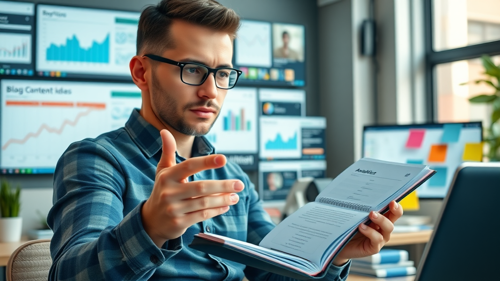 content marketing and blogging professional analyzing blog analytics in modern workspace
