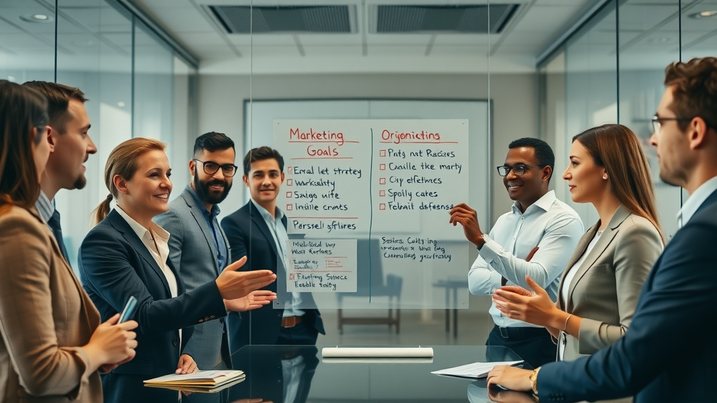 Organized business team setting email marketing campaign goals in a strategy meeting