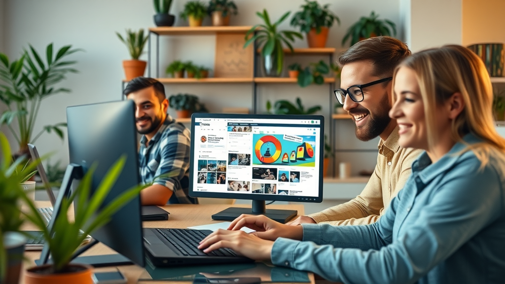 Small Business Social Media Branding - Enthusiastic team posting brand content on multiple social media screens