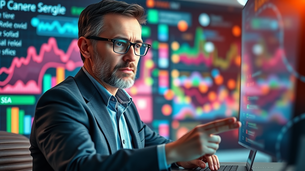 Expert marketing professional managing seamless SEO and integrated social media strategy across digital platforms in Raleigh, with flowing colorful data streams, representing content marketing synergy.