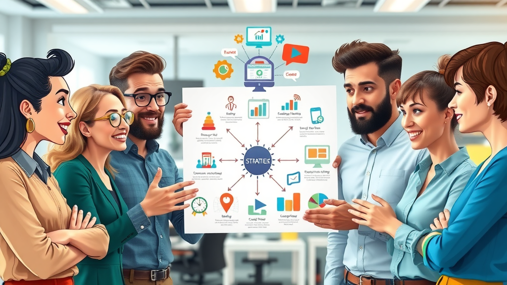 diverse marketing team analyzing a digital strategy flowchart discussing types of digital marketing