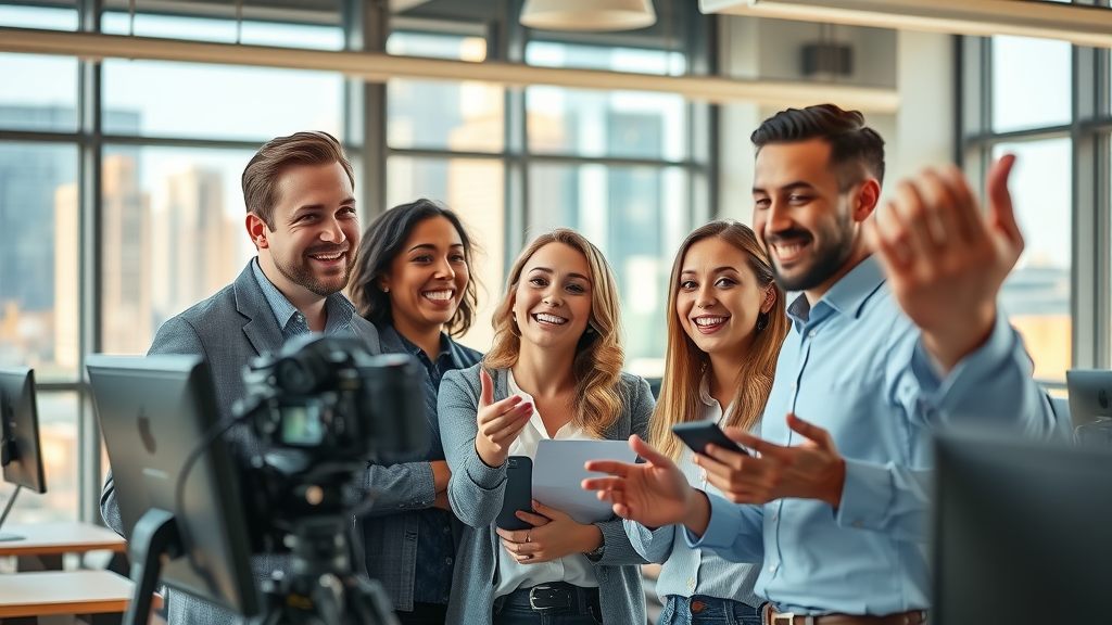 charlotte video marketing: Vibrant Charlotte cityscape with young professionals collaborating in a modern coworking space, showing video production setup and skyline views.