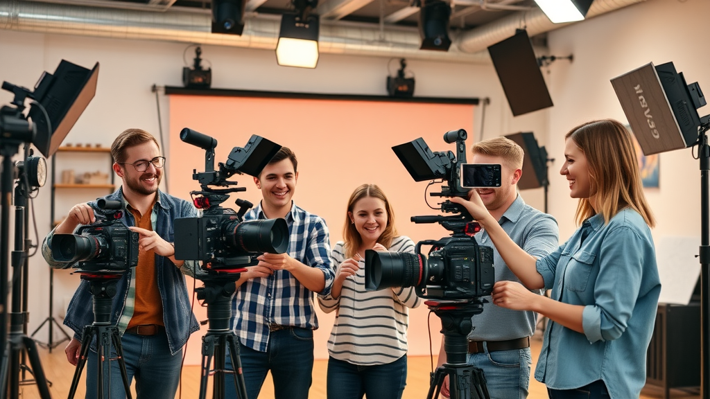 charlotte video production services: Creative team adjusting lighting and cameras in a colorful Charlotte studio, exemplifying teamwork in video marketing.
