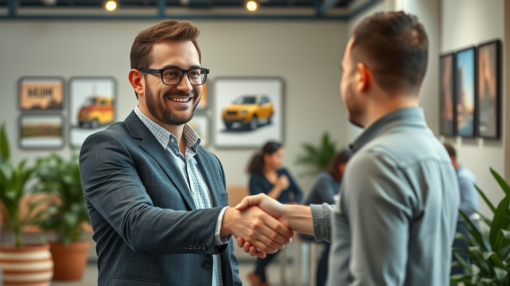 charlotte video production company: Business owner shaking hands with a video producer in a Charlotte office with local touches and greenery.