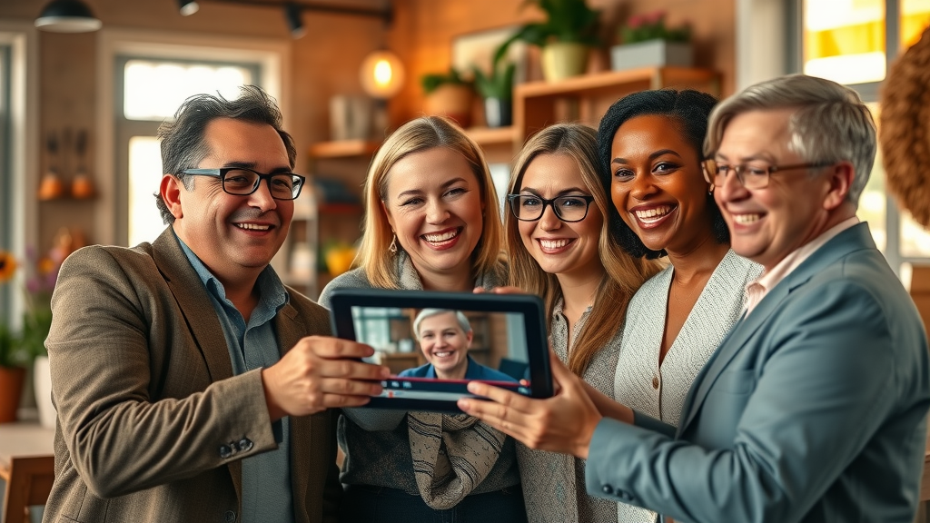 charlotte video production success: Happy Charlotte business owners viewing a video testimonial, celebrating local marketing wins.