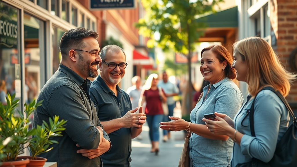 small business marketing raleigh downtown vibrant scene, business owners interacting with customers on urban Raleigh street