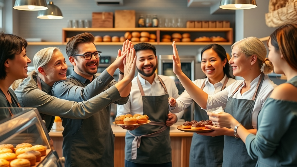 successful Raleigh small business bakery team celebrating growth with customers