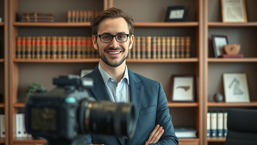 Professional Charlotte lawyer poised for video interview in an elegant law office