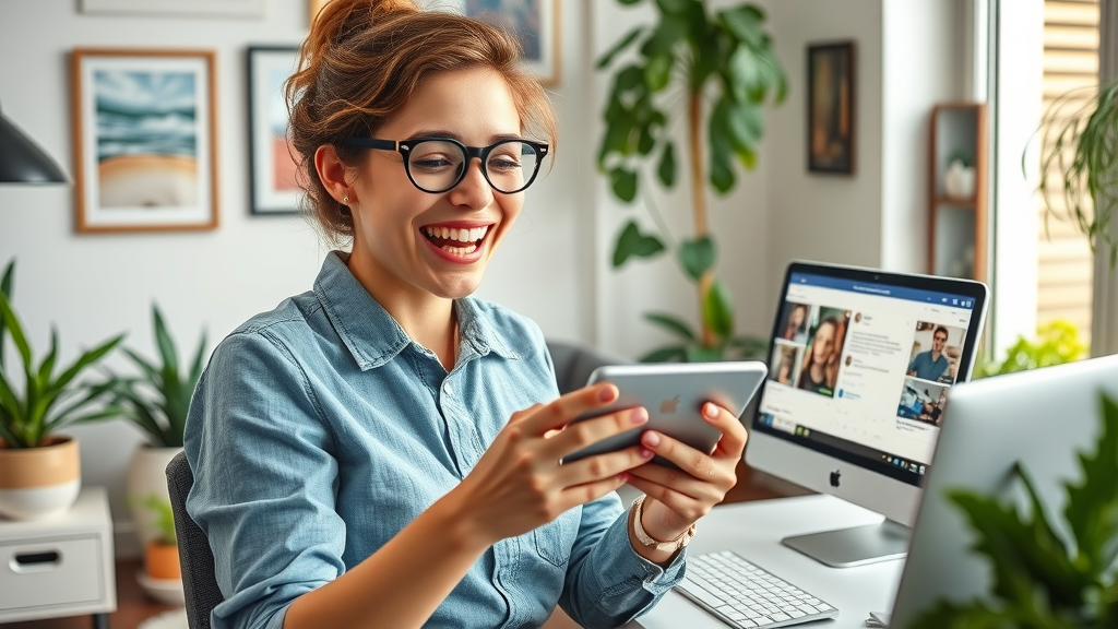 Energetic Raleigh content creator scheduling multi-platform social media posts on Instagram, Facebook, and LinkedIn