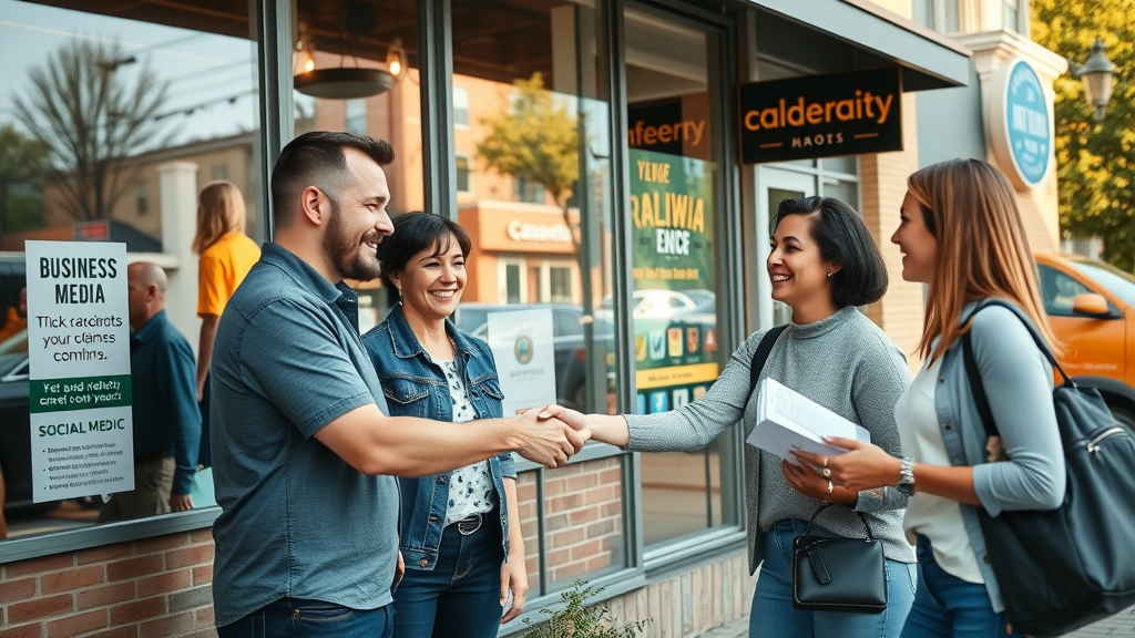 Raleigh business owners and clients celebrating success after affordable social media management boost, with store and neighborhood view