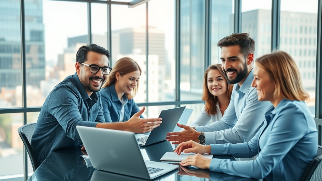 Vibrant downtown Raleigh business district marketing consultant services Raleigh – professionals collaborating in a modern glass-walled office.