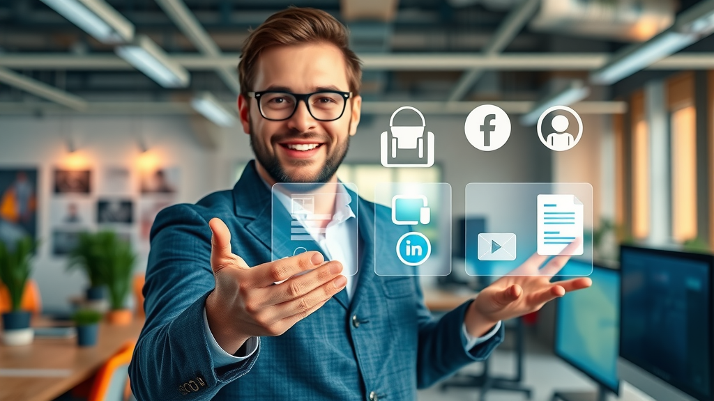 Dynamic showcase of marketing consultant services Raleigh—marketer presenting digital service icons with Raleigh branding.