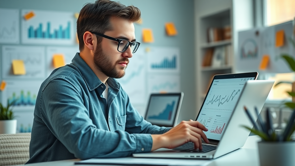 Analytical review of marketing consultant services Raleigh—Marketer reviewing performance analytics at a workspace.