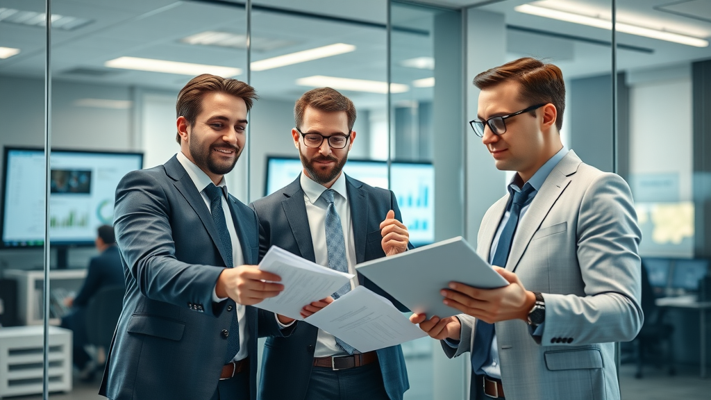 Legal video marketing strategies team collaborating in a modern law firm office, reviewing marketing charts and video strategy with digital screens and tablets, natural daylight—photo realistic, professional, glass-walled office.