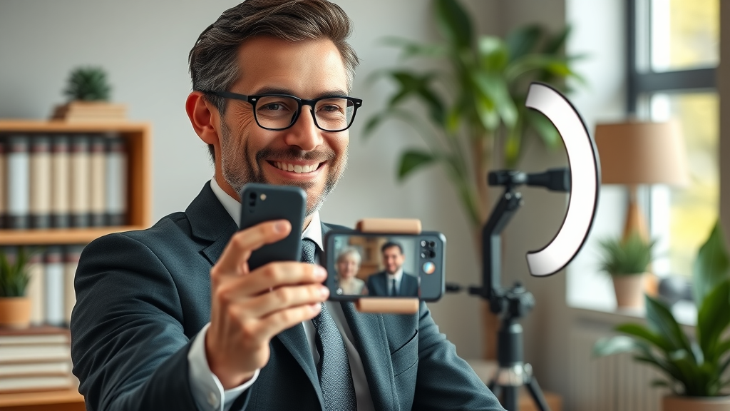 Professional lawyer creating legal video content for law firm marketing, recording in an elegant office with law books, smartphone, and ring light—photo realistic, approachable, and modern setting.