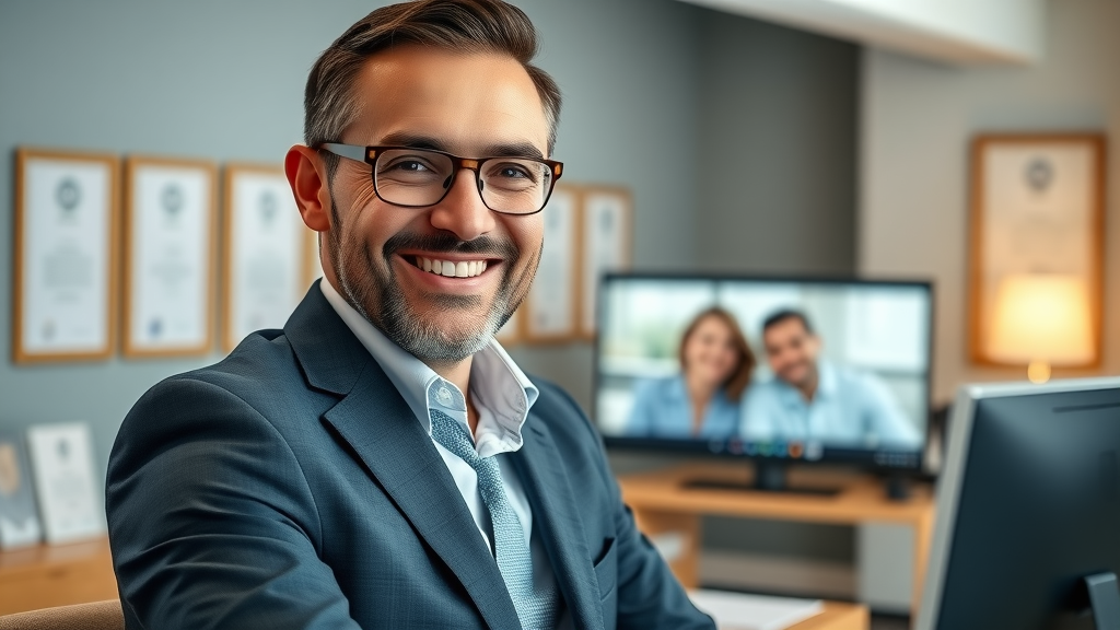 Approachable attorney addressing potential clients via online video call, legal certificates and law firm branding in background—clean legal workspace, authentic and inviting, video marketing for law.