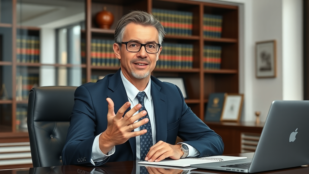 Trustworthy attorney delivering legal video content from behind a polished desk—modern law office, books, awards, and clarity-focused video production, legal video marketing strategies in action.