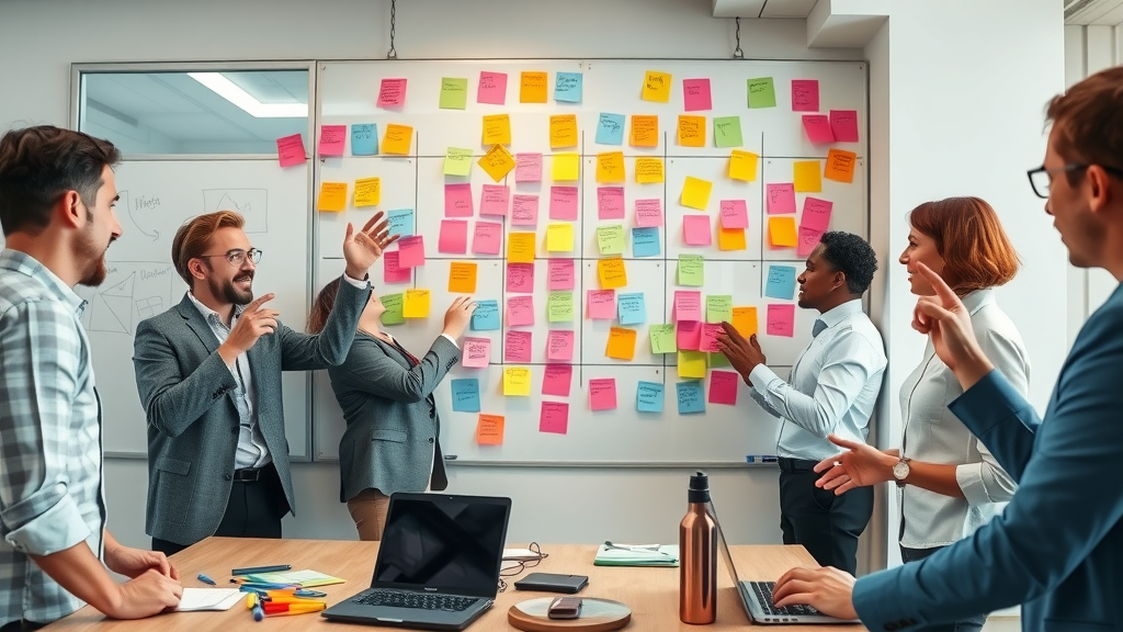 Law firm team brainstorming and organizing legal video marketing strategies—creative workspace, video storyboards, colorful notes, collaborative environment, video content planning.