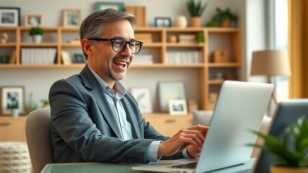 Law firm professional sharing engaging video content on social media platforms to maximize reach—modern home office, multiple devices, dynamic social engagement.