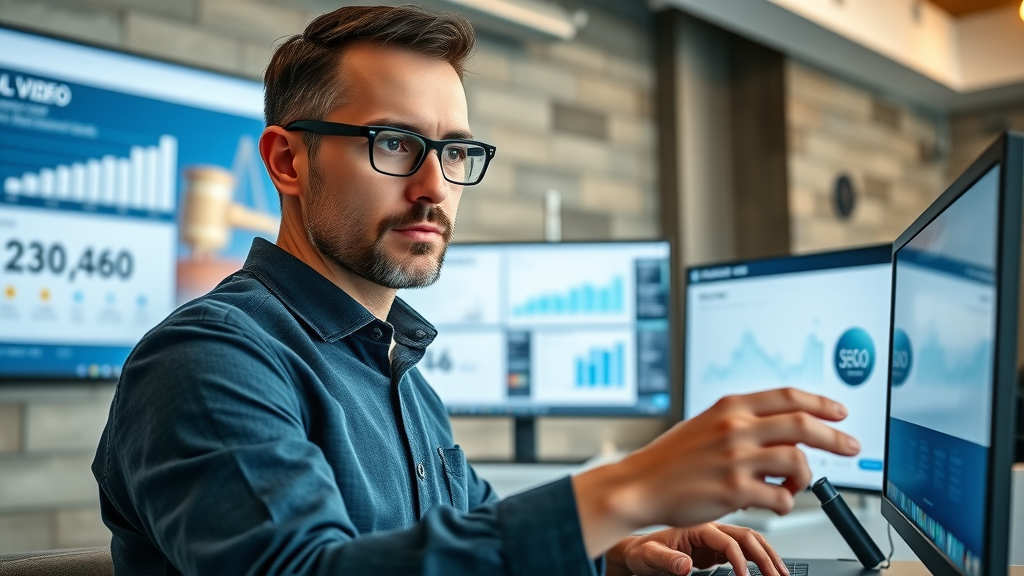 Marketer analyzing legal video marketing performance, reviewing SEO analytics and firm video metrics in modern loft office—data-driven legal marketing strategy in action.